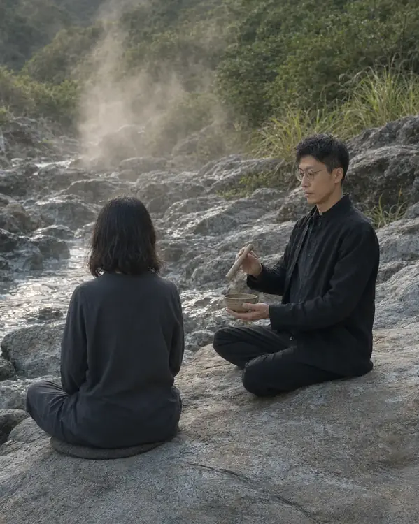 燃姜在來訪者後側保持距離進行安神陪伴