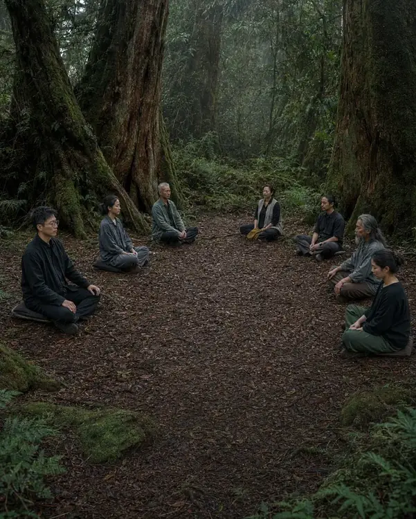 神木群山中面向不同方向的靜坐共修