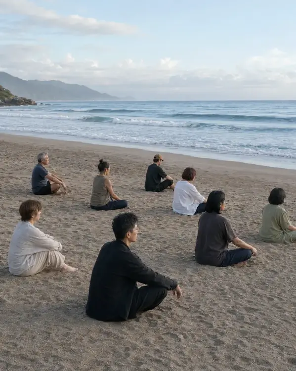 不同年齡同行者在浪線前自然散坐共修