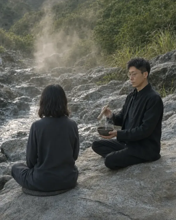 燃姜右手持木杵、左手托著燃燒艾草的建盞，為年輕女性進行祝由安神儀式