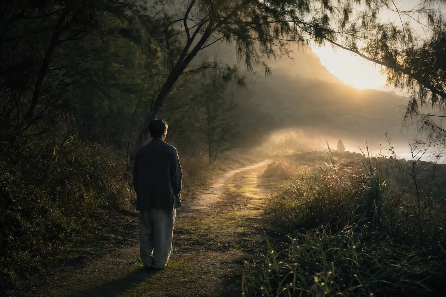 清晨林徑旁,一位身著深色衣衫的人靜靜背向鏡頭,樹影沿著肩線搖曳,柔和晨光照亮前方歸途